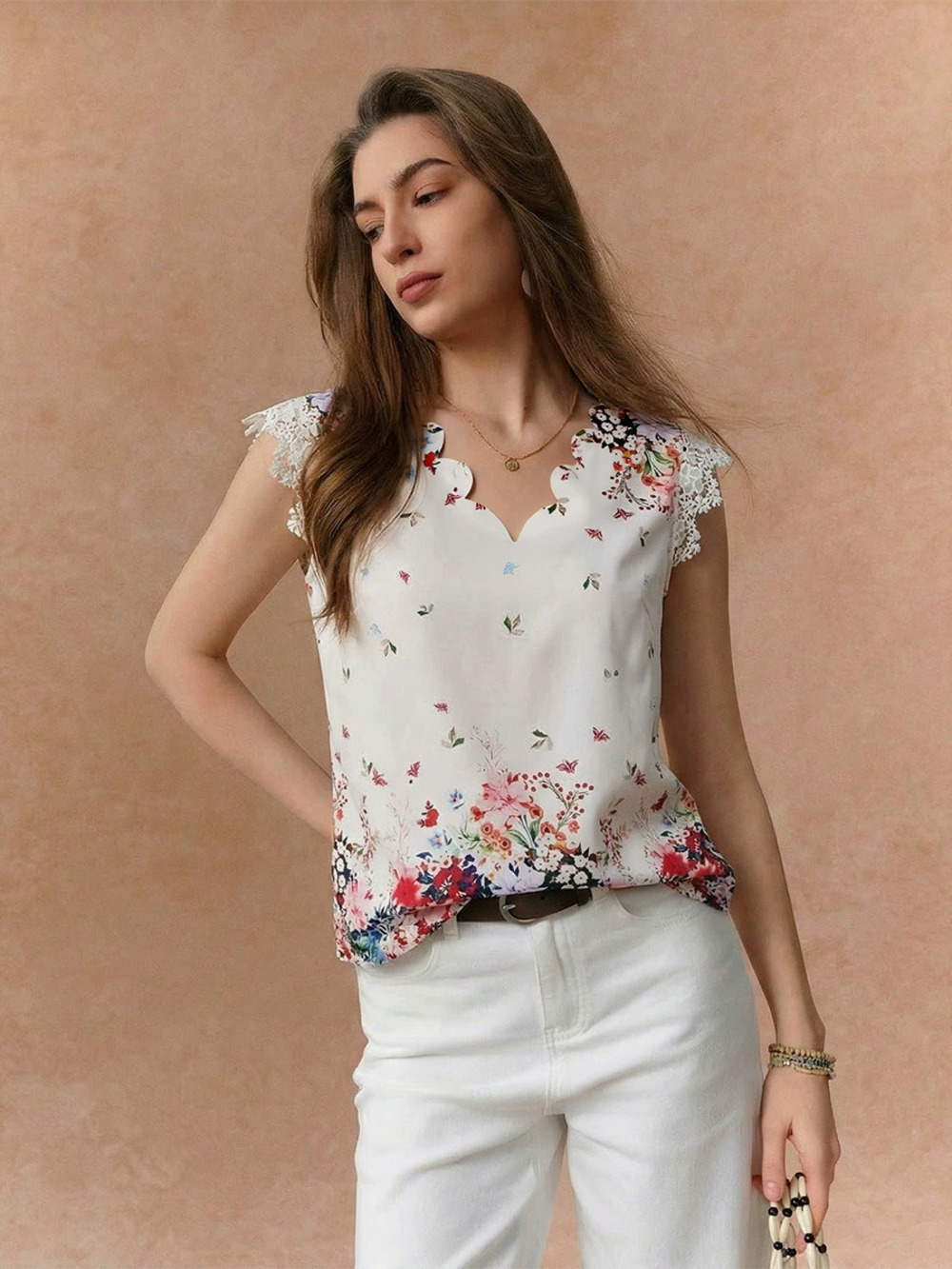 ZARA Summer Vacation Style Lace Collar Printed Shirt
